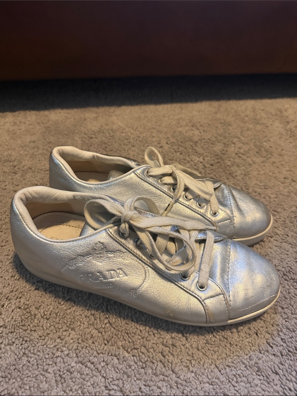Prada Silver Leather Lace-Up Sneakers for Women